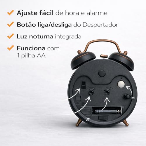 Relógio Despertador Retrô, Preto com Cobre, Estilo Vintage, Design Clássico, Ideal para Mesa de Cabeceira