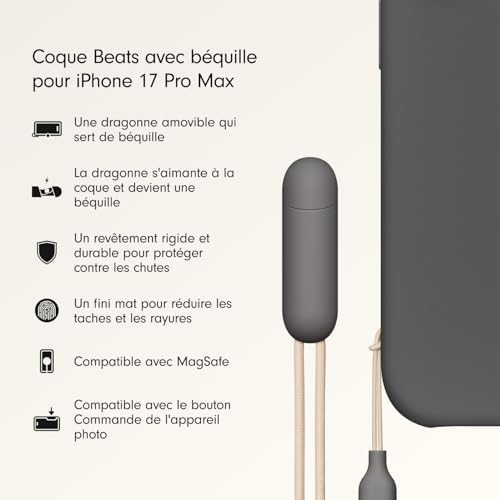 Coque avec béquille pour iPhone 17 Pro Max équipée MagSafe avec Commande de l'appareil Photo, Support intégré et dragonne, Fini Mat et Doublure en Tissu Microfibre - Gris Granite