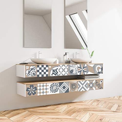 Ambiance Sticker Vinilos Autoadhesivos, Decoración de Paredes, Adhesivos de Azulejos para Baño y Cocina Baldosas de Cemento Banuelos - 9 Vinilo Azulejos de 10 x 10 cm