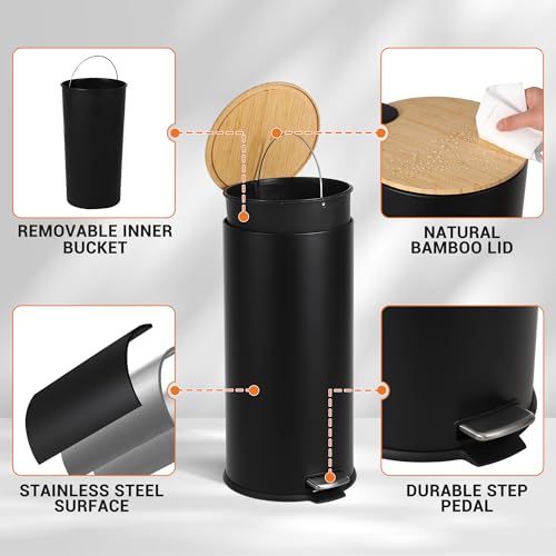 30L Stainless Steel Trash Can with Bamboo Lid, Pedal - Operated Garbage Bin with Removable Inner Bucket for Kitchen, Bathroom, Small Spaces