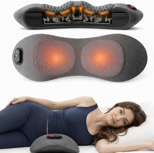 KAYAXIM Rechargeable Back Massager with Heat, 3-in-1 Lumbar & Spine Support Massage Pillow with Traction Design, Cordless Portable Lower Back Relaxation Cushion for Home Office (Grey)