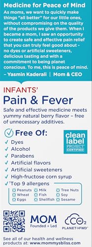 MOMMY’S BLISS INFANTS’ PAIN AND FEVER REDUCER, BABY ACETAMINOPHEN, DYE FREE, DELICIOUS MIXED BERRY FLAVOR, AGES 2+, 2 FLUID OUNCES