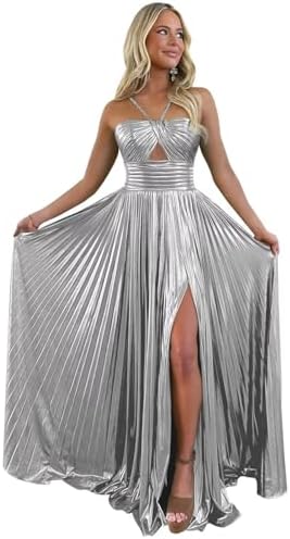 a-line sleeveless floor-length metallic prom dress with pleated split Zapaka Women Metallic Satin Gold Prom Dress with Slit A Line Pleated V Neck Long Formal Dress, Golden / UK30