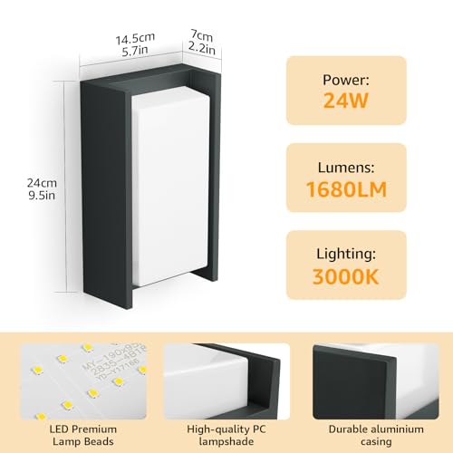 Klighten LED Outdoor Lamp 24 W, 3000 K Warm White Wall Light, Waterproof IP65, Suitable for Terraces, Anthracite