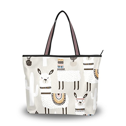 Women Large Tote Top Handle Shoulder Bags White Llama Partern Ladies Handbag