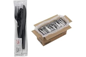 HOUZZKINGZ USA 250 Plastic Cutlery Packets - Knife Fork Spoon Napkin Salt Pepper Sets | Black Silverware Sets Individually Wrapped Kits, Bulk Plastic Utensil Cutlery Disposable To Go Silverware