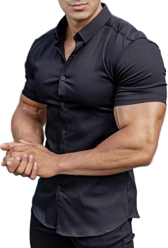 EOUOSS Men’s Muscle Fit Dress Shirts Athletic Slim Fit Short Sleeve Stretch Casual Button Down Shirt