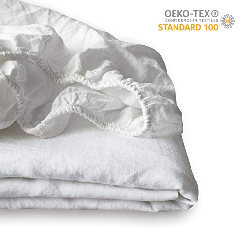 100% Linen Fitted Sheet Stone Washed Solid Color - (1 Piece) 14 inch Deep Pocket Mattress Cover Soft Natural Breathable Farmhouse - White, King SizeOEKO-TEX STANDARD 100
