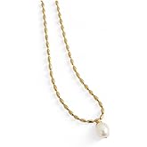 18K Yellow Gold Plated Stainless Steel Rice Seed Necklace with Freshwater Pearl, 18 inch, Tarnish Risistant- Nickel Free, Hypoallergenic, Waterproof