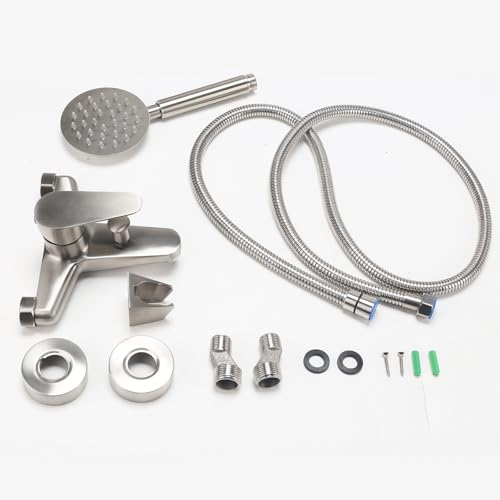FALSKT Bath Tap with Hand Shower, Stainless Steel Bathtub Mixer, Wall Mounted Single Lever Shower Tap, Outdoor Shower Mixer Tap for Bathrooms, Tubs, Silver