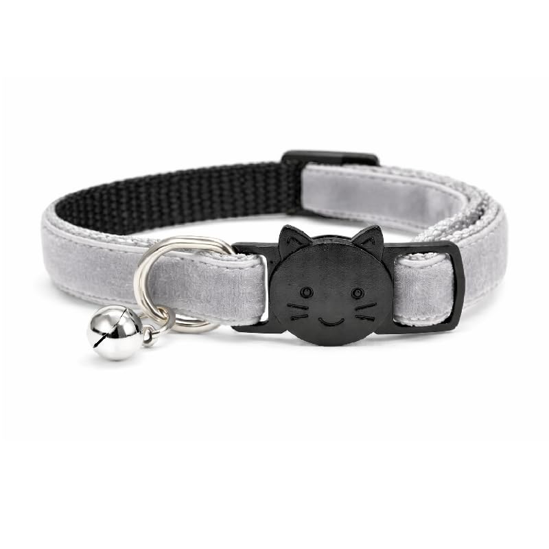 Velvet Cat Collars with Bell | Quick Safety Release Breakaway Buckle | Handmade in the UK | Available in Cat & Kitten Size | Grey Velvet — image 1