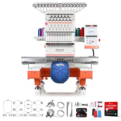POOLIN Multi Needles Commercial Embroidery Machine with Auto Color Change, 13.8x19.7 Inch Embroidery Area, WiFi Transfer, Includes All Accessories for Hats, T-Shirts & Hoodies