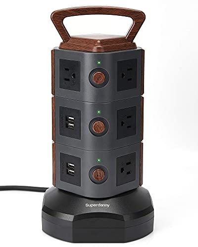 Power Strip Tower - SUPERDANNY Surge Protector Vertical Charging Station with 10 Outlets 4 USB Ports, 6.5ft Retractable Extension Cord Desktop Plug Bar with Wood Grain for Home Office Dorm Room Hotel