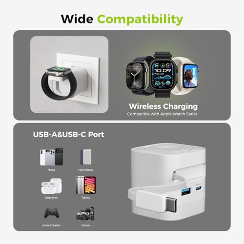 CHARCO 4 en 1 Cargador para Apple Watch, 35W Cargador USB C con Cable Retráctil Integrado Incluye 2 Puertos USB, Cargador Inalámbrica Compatible con iPhone/AirPods/Relojes Smartwatch, Blanco