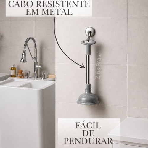 Desentupidor Pia Ralo Banheiro Cozinha Alta Pressao Ventosa Forte Cabo Metal Resistente Limpeza Encanamento Desobstrucao Manual Compacto Facil Uso Pia Tanque Vaso Sanitario Universal Multiuso (Cinza)