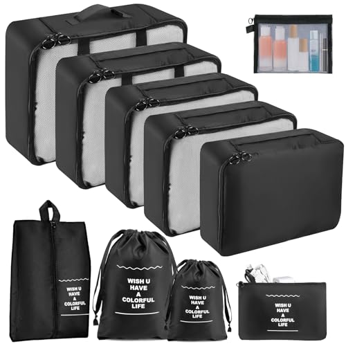 Suitcase Organizer, 10 Pieces Waterproof and Tear-Resistant Organizer Bags, Packing Cubes for Clothes, Shoes, Underwear and Cosmetics, Black