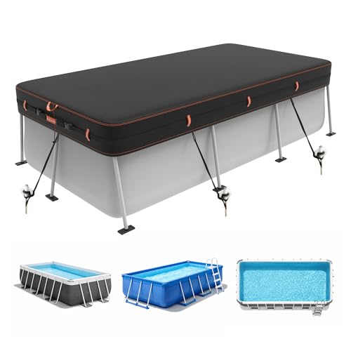 Neuradical 420D rectangular cover for above-ground swimming pools, UV and tear resistant, available in various sizes 224 x 408 cm, windproof protection with reflective strips.