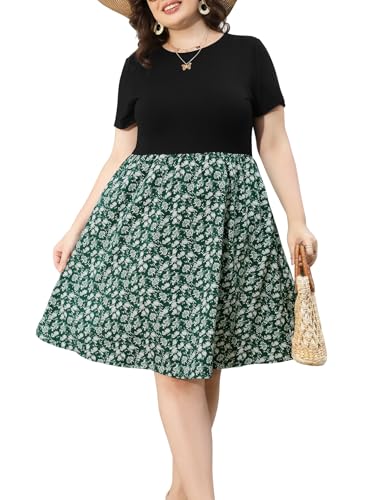 YOUNRUI WOMEN’S PLUS SIZE CASUAL SPRING DRESSES WITH POCKETS SHORT SLEEVE CREWNECK WOVEN&KNIT PATCHWORK FLORAL DRESS(2XL-1011-GN FLORAL)