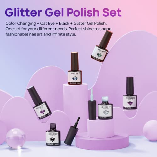 Modelones Glitter Gel Nail Polish Set, 6 Colors Cat Eye Gel Nail Polish Kit, Color Changing Gel Nail Polish Set, Soak Off Purple Mood Temperature Change Gel Nail Kit, Manicure DIY Salon Gift for Women