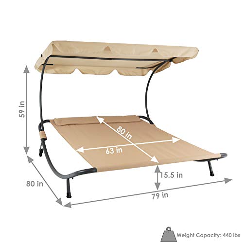Sunnydaze Outdoor Double Chaise Lounge Bed with Canopy and Headrest