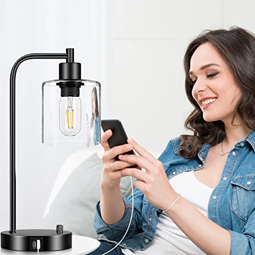 Industrial Table Lamp with 2 USB Charging Ports, Fully Stepless