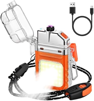 Mechero Eléctrico, Encendedor Electrónico USB C Recargable, Mechero de Doble Arco con Linterna, Resistente al Viento y al Agua, Encendedores para Velas, Regalo para Papa, Abuelo (Naranja)