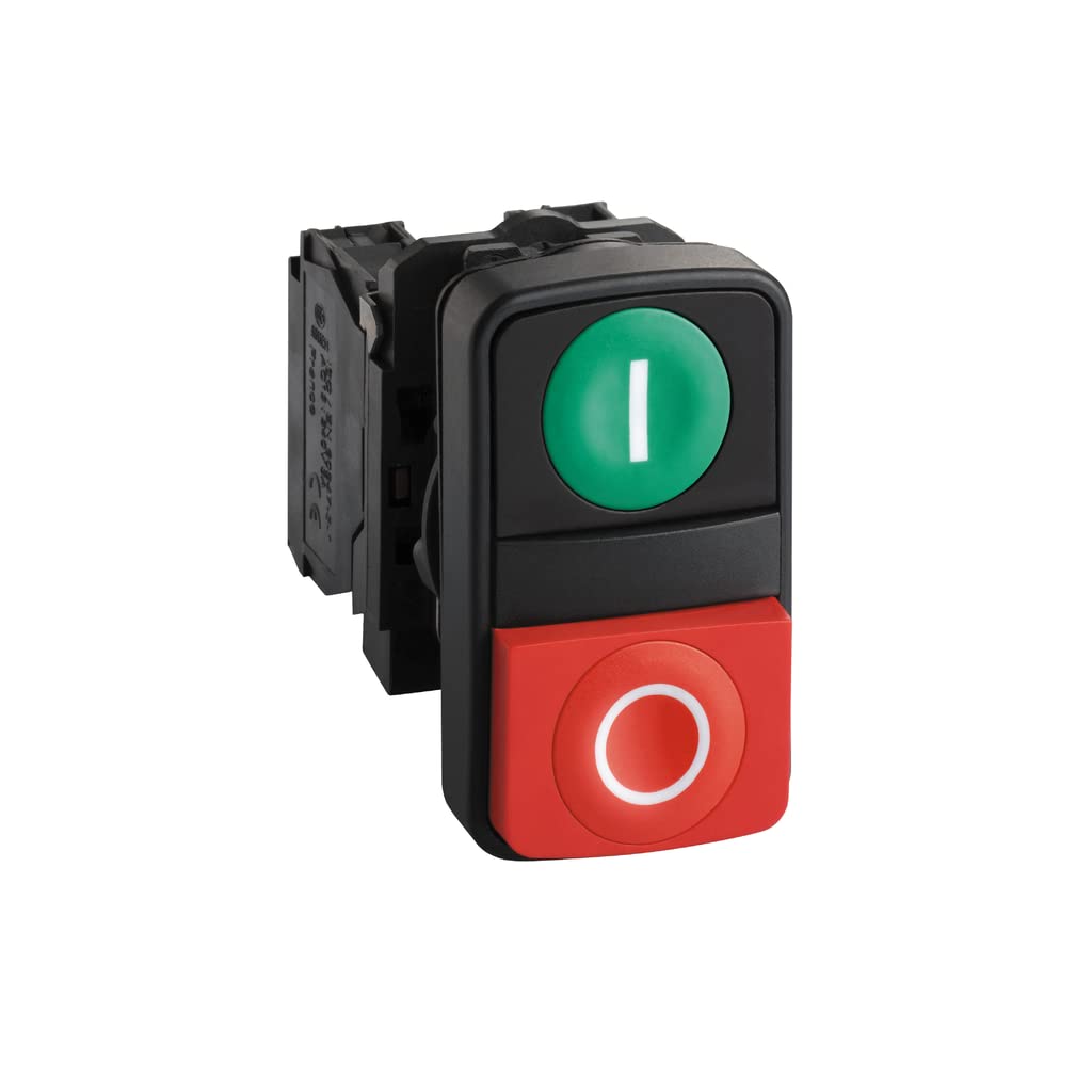 Schneider Electric Harmony XB5 - ON/OFF Push Button Switch, Plastic, Green Flush Marked I, Red Projecting Marked O, 1NO + 1NC, 22 mm Mount, XB5AL73415