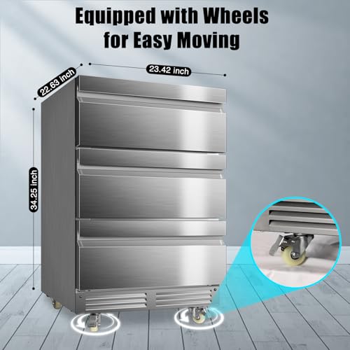 Velieta 24 Inch Upgraded Three-Drawer Beverage Fridge, Weather Proof Outdoor Stainless Steel Beverage Refrigerator, Under Counter Built-in Beverage Cooler for Home & Commercial Use