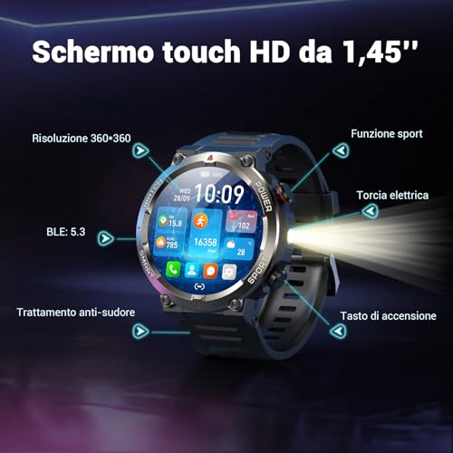 Blackview Men's Smartwatch, 1.45 Inches Military Smartwatch Fitness with Bluetooth Calls Smart Watch 100+ Sports Modes/Heart Rate Monitor/SpO2/Torch/Compass for Android iOS
