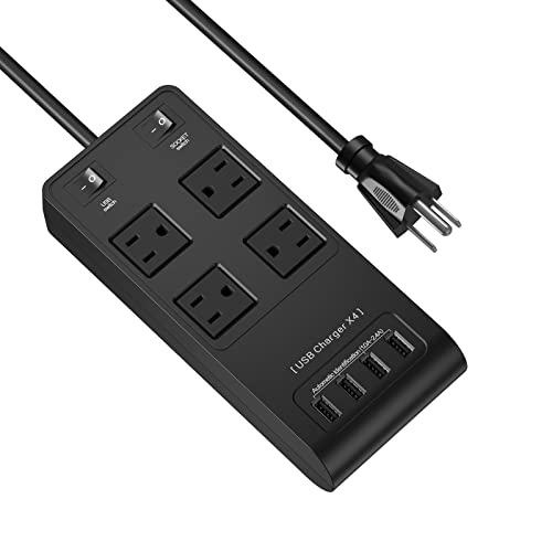 Power Strip USB, with 4 AC Outlets and 4 USB Charging for Smartphone Tablets Home, Office, Hotel, Cruise Ship, 6 Feet Long Cord