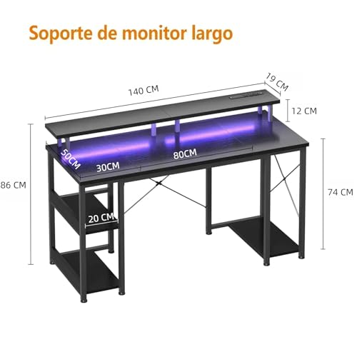FL FASHION LEADER Escritorio Gamer, Escritorio para Computadora,Escritorio de Oficina en Casa, Escritorio para Viene con Regleta, Regleta de luz y Soporte para Monitor, 140cm Negro