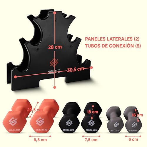 Squatz Set de Mancuernas con Soporte 14.5kgs, Pesas de Neopreno Antideslizantes Hexagonales, Juego de Dumbbells para Fitness, Entrenamiento, Yoga y Ejercicio en Casa