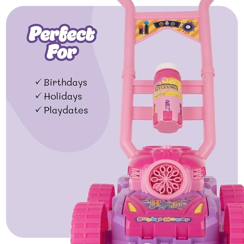 Hoopi Extreme Bubbles Lawn Mower for Toddlers, Spill-Proof Kids Bubble Machine with Lights for 2-Year-Old Girl Birthday Gift, Easter Gifts for Toddlers, Bubble Blowing Push Outdoor Toy with 3 Bottles