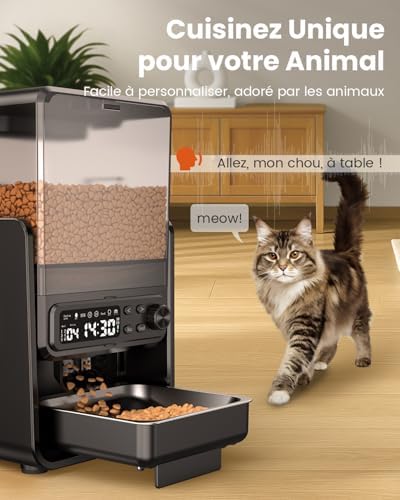 Distributeur automatique de nourriture pour chat pour 2 chats, 5L/20 tasses Distributeur automatique de nourriture pour chat avec bols réglables, panneau de commande amovible, programmation