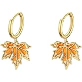 Trendy Maple Leaves Charm Small Hoop Earrings for Women Dainty Minimalist Enamel Leaf Huggie Hoops Dangle Drop Earring Fashion Jewelry for Fall Thanksgiving Party Her Mom Daughter 28mm