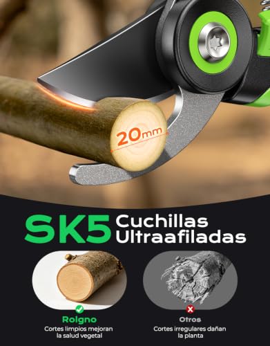 Rolgno Tijeras de Podar, Alta Resistencia Acero SK5, Revestimiento PTFE | Tijeras Jardineria Ahorra Esfuerzo, Desbloqueo a Una Mano en 0.5s, Mango Ergonómico, para Ramas Frescas de 20mm