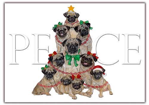 Pug Christmas Cards Peace : 10 Holiday Cards with Red Envelopes - Adorable!