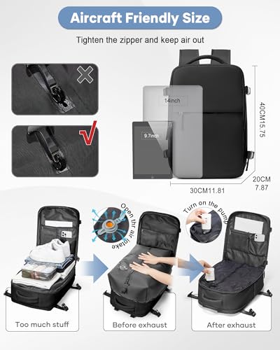 SZLX Vacuum Backpack Travel Bag with Pump Ryanair Cabin Bags 40x30x20 Wizzair British Airways Underseat Hand Luggage Carry-ons Travel Backpack Cabin Size Women Men Fit 14 Inch Laptop