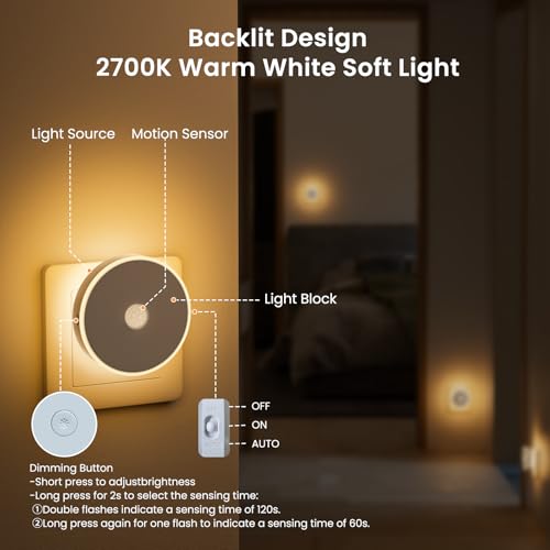 Children's Night Light 2 Pcs, LED Night Light with Motion Sensor, Plug-in Night Lamp Adjustable Brightness, 3 Modes (AUTO/ON/OFF), Night Light for Kids/Stairs/Bedroom- Warm White