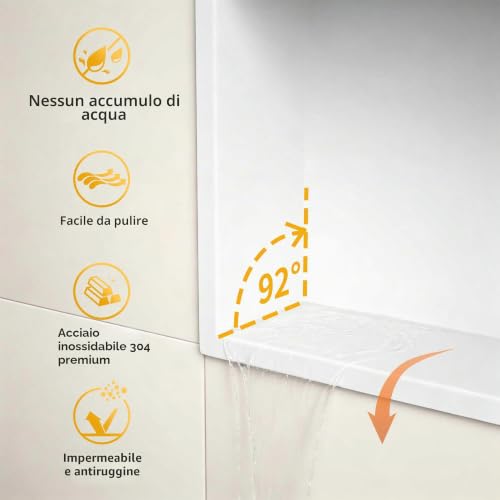 Bernkot Stainless Steel Shower Nische 600 mm x 300 mm White with LED Light Waterproof No Tile Needed for Bathroom Storage Over Installation Mounted