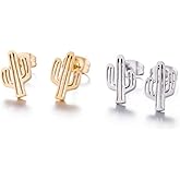 MOKAVIKY 25 2 Pairs Cactus Stud Earrings for Women, Stainless Steel, Modern Stud, Unisex, Gold, Silver