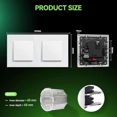 BSEED Light Switch With Glass, Wall Light Switch with Hook,Switch Switch,Push Button,Easy Installation,E-Series,1 Gang 1 Way,157 mm White