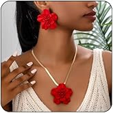 MarveBard Vintage Flower Necklace Earring Set Gold Snake Chain Necklace Bohemian Red Flowers Choker Necklaces Hypoallergenic Statement Flower Stud Earrings Elegant Bridal Wedding Summer Beach Jewelry