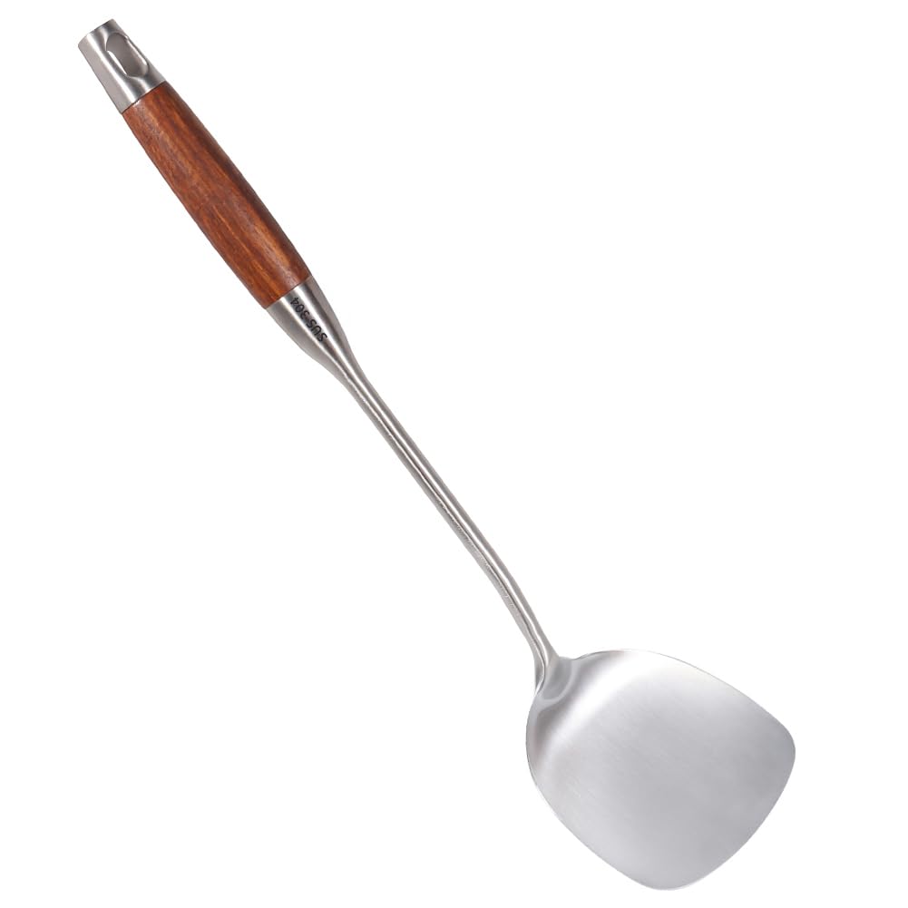 Newness Wok Spatula, [Rustproof, Durable] 304 Stainless Steel Spatula Turner Flexible Spatula with Heat Resistant Wooden Handle, Cooking Shovel Ladle for Eggs, Pancakes, Omelet, Burger and Other Foods