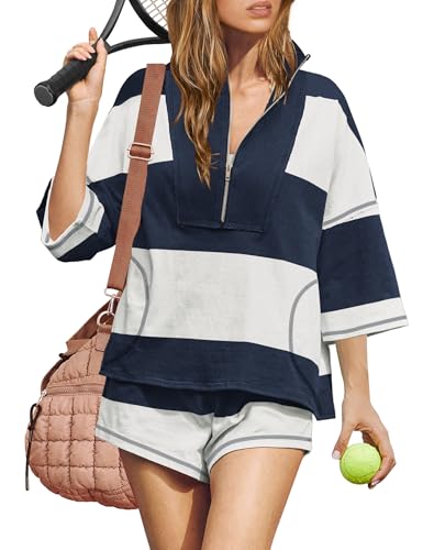 ReachMe Womens Workout Striped Short Sets Matching Lounge Sets (Navy Blue,XL) at Amazon