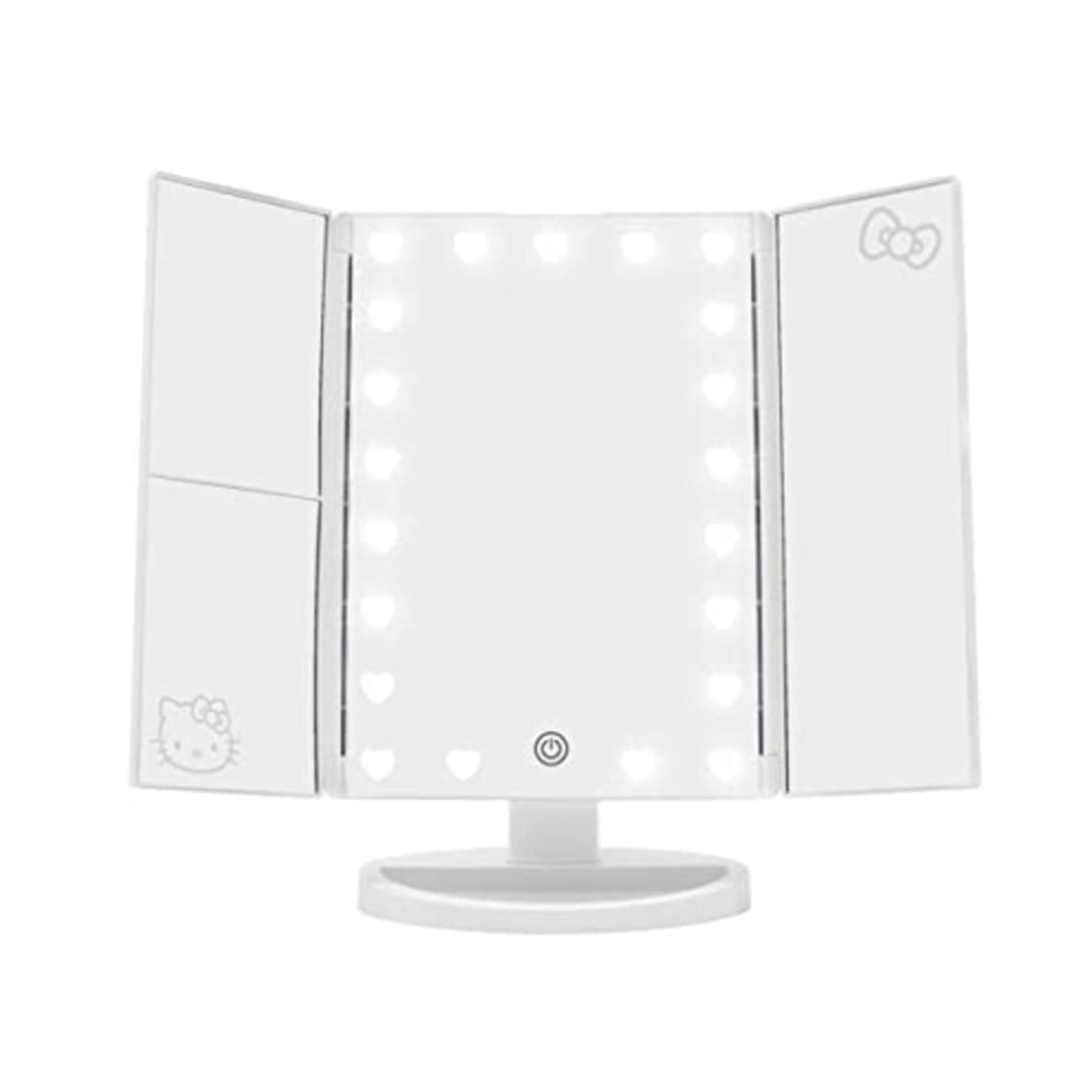 Impressions Vanity Hello Kitty Trifold LED Mirror, Desk Mirror with Lights and Touch Sensor Switch, Lighted Makeup Mirror with 2X and 3X Magnifying (White)