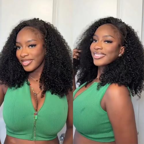 Half Wig Human Hair Curly Half Head Glueless Wig Human Hair Wig Glueless Wig 18 Inches 3 In 1 Seamless Flip Over Drawstring Wigs Headband Wig Kinky Curly Natural Colour