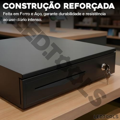 Caixa de Dinheiro Gaveta Registradora Preta Noteiro Moedeiro Abertura Automática e Manual com Chave Reforçada