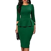 oten Women's Elegant 3/4 Sleeve Peplum Bodycon Sheath Office Work Business Pencil Midi Dresses