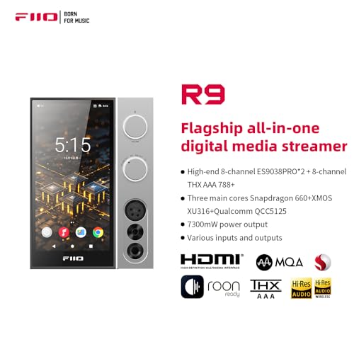FiiO R9 Android Media Streamer, Network Player, HDMI/MQA Full Decode, USB DAC, DSD512 PCM768kHz/32Bit Bluetooth 5.0, 6’’HD Touchscreen